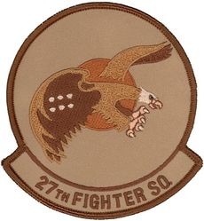 27th Fighter Squadron 
Organized as 21 Aero Squadron on 15 Jun 1917. Redesignated as: 27 Aero Squadron on 23 Jun 1917; 27 Squadron (Pursuit) on 14 Mar 1921; 27 Pursuit Squadron on 25 Jan 1923; 27 Pursuit Squadron (Interceptor) on 6 Dec 1939; 27 Pursuit Squadron (Fighter) on 12 Mar 1941; 27 Fighter Squadron (Twin Engine) on 15 May 1942; 27 Fighter Squadron, Two Engine, on 28 Feb 1944. Inactivated on 16 Oct 1945. Redesignated as: 27 Fighter Squadron, Single Engine, on 5 Apr 1946; 27 Fighter Squadron, Jet Propelled, on 20 Jun 1946. Activated on 3 Jul 1946. Redesignated as: 27 Fighter Squadron, Jet, on 15 Jun 1948; 27 Fighter-Interceptor Squadron on 16 Apr 1950; 27 Tactical Fighter Squadron on 1 Jul 1971; 27 Fighter Squadron on 1 Nov 1991-.
Emblem. Approved on 17 Sep 1971.

Keywords: desert