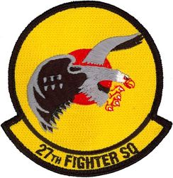 27th Fighter Squadron
Organized as 21 Aero Squadron on 15 Jun 1917. Redesignated as: 27 Aero Squadron on 23 Jun 1917; 27 Squadron (Pursuit) on 14 Mar 1921; 27 Pursuit Squadron on 25 Jan 1923; 27 Pursuit Squadron (Interceptor) on 6 Dec 1939; 27 Pursuit Squadron (Fighter) on 12 Mar 1941; 27 Fighter Squadron (Twin Engine) on 15 May 1942; 27 Fighter Squadron, Two Engine, on 28 Feb 1944. Inactivated on 16 Oct 1945. Redesignated as: 27 Fighter Squadron, Single Engine, on 5 Apr 1946; 27 Fighter Squadron, Jet Propelled, on 20 Jun 1946. Activated on 3 Jul 1946. Redesignated as: 27 Fighter Squadron, Jet, on 15 Jun 1948; 27 Fighter-Interceptor Squadron on 16 Apr 1950; 27 Tactical Fighter Squadron on 1 Jul 1971; 27 Fighter Squadron on 1 Nov 1991-.
Emblem. Approved on 17 Sep 1971.

