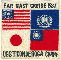 CVA-14 USS Ticonderoga WESTERN PACIFIC CRUISE 1961
Namesake. Battle of Ticonderoga, The capture of Fort Ticonderoga occurred during the Revolutionary War on 10 May 1775, when a small force of Green Mountain Boys led by Ethan Allen and Col. Benedict Arnold surprised and captured the fort's small British garrison.
Builder. Newport News Shipbuilding, VA
Laid down. 1 Feb 1943
Launched. 7 Feb 1944
Commissioned. 8 May 1944
Decommissioned. 9 Jan 1947
Recommissioned. 1 Oct 1954
Decommissioned. 1 Sep 1973
Reclassified:	
CVA-14, 1 Oct 1952
CVS-14, 21 Oct 1969
Stricken. 16 Nov 1973
Fate. Scrapped, 15 Aug 1974
Class and type. Essex-class aircraft carrier
Displacement. 27,100 long tons (27,500 t) standard
Length. 888 feet (271 m) overall
Beam. 93 feet (28 m)
Draft. 28 feet 7 inches (8.71 m)
Installed power. 8 × boilers 150,000 shp (110 MW)
Propulsion:	
4 × geared steam turbines
4 × shafts
Speed. 33 knots (61 km/h; 38 mph)
Complement. 3448 officers and enlisted
Armament:	
12 × 5 inch (127 mm)/38 caliber guns
32 × Bofors 40 mm guns
46 × Oerlikon 20 mm cannons
Armor. Belt: 4 in, Hangar deck: 2.5 in, Deck: 1.5 in, Conning tower: 1.5 in
Aircraft carried. 	90–100 aircraft

