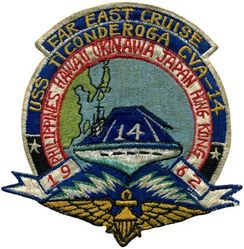 CVA-14 USS Ticonderoga WESTERN PACIFIC CRUISE 1964
Namesake. Battle of Ticonderoga, The capture of Fort Ticonderoga occurred during the Revolutionary War on 10 May 1775, when a small force of Green Mountain Boys led by Ethan Allen and Col. Benedict Arnold surprised and captured the fort's small British garrison.
Builder. Newport News Shipbuilding, VA
Laid down. 1 Feb 1943
Launched. 7 Feb 1944
Commissioned. 8 May 1944
Decommissioned. 9 Jan 1947
Recommissioned. 1 Oct 1954
Decommissioned. 1 Sep 1973
Reclassified:	
CVA-14, 1 Oct 1952
CVS-14, 21 Oct 1969
Stricken. 16 Nov 1973
Fate. Scrapped, 15 Aug 1974
Class and type. Essex-class aircraft carrier
Displacement. 27,100 long tons (27,500 t) standard
Length. 888 feet (271 m) overall
Beam. 93 feet (28 m)
Draft. 28 feet 7 inches (8.71 m)
Installed power. 8 × boilers 150,000 shp (110 MW)
Propulsion:	
4 × geared steam turbines
4 × shafts
Speed. 33 knots (61 km/h; 38 mph)
Complement. 3448 officers and enlisted
Armament:	
12 × 5 inch (127 mm)/38 caliber guns
32 × Bofors 40 mm guns
46 × Oerlikon 20 mm cannons
Armor. Belt: 4 in, Hangar deck: 2.5 in, Deck: 1.5 in, Conning tower: 1.5 in
Aircraft carried. 	90–100 aircraft

