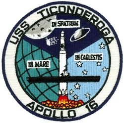CVS-14 USS Ticonderoga APOLLO 16 RECOVERY 1972
Namesake. Battle of Ticonderoga, The capture of Fort Ticonderoga occurred during the Revolutionary War on 10 May 1775, when a small force of Green Mountain Boys led by Ethan Allen and Col. Benedict Arnold surprised and captured the fort's small British garrison.
Builder. Newport News Shipbuilding, VA
Laid down. 1 Feb 1943
Launched. 7 Feb 1944
Commissioned. 8 May 1944
Decommissioned. 9 Jan 1947
Recommissioned. 1 Oct 1954
Decommissioned. 1 Sep 1973
Reclassified:	
CVA-14, 1 Oct 1952
CVS-14, 21 Oct 1969
Stricken. 16 Nov 1973
Fate. Scrapped, 15 Aug 1974
Class and type. Essex-class aircraft carrier
Displacement. 27,100 long tons (27,500 t) standard
Length. 888 feet (271 m) overall
Beam. 93 feet (28 m)
Draft. 28 feet 7 inches (8.71 m)
Installed power. 8 × boilers 150,000 shp (110 MW)
Propulsion:	
4 × geared steam turbines
4 × shafts
Speed. 33 knots (61 km/h; 38 mph)
Complement. 3448 officers and enlisted
Armament:	
12 × 5 inch (127 mm)/38 caliber guns
32 × Bofors 40 mm guns
46 × Oerlikon 20 mm cannons
Armor. Belt: 4 in, Hangar deck: 2.5 in, Deck: 1.5 in, Conning tower: 1.5 in
Aircraft carried. 	90–100 aircraft


