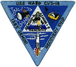 CVS-18 USS Wasp Gemini Space Program Recovery Ship 1965
Namesake. Wasp, an insect of the narrow-waisted suborder Apocrita of the order Hymenoptera
Builder. Fore River Shipyard, Quincy, MA
Laid down. 18 Mar 1942
Launched. 17 Aug 1943
Commissioned. 24 Nov 1943
Decommissioned. 17 Feb 1947
Recommissioned. 28 Sep 1951
Decommissioned. 1 Jul 1972
Reclassified:	
CVA-18, 1 Oct 1952
CVS-18, 1 Nov 1956
Stricken. 1 Jul 1972
Fate. Scrapped, 1973
Class and type. Essex-class aircraft carrier
Displacement:	
27,100 long tons (27,500 t) (standard)
36,380 long tons (36,960 t) (full load)
Length:	
820 feet (249.9 m) (wl)
872 feet (265.8 m) (o/a)
Beam. 93 ft (28.3 m)
Draft. 34 ft 2 in (10.41 m)
Installed power:
8 × Babcock & Wilcox boilers
150,000 shp (110,000 kW)
Propulsion:	
4 × geared steam turbines
4 × screw propellers
Speed. 33 knots (61 km/h; 38 mph)
Range. 14,100 nmi (26,100 km; 16,200 mi) at 20 knots (37 km/h; 23 mph)
Complement. 2,600 officers and enlisted men
Armament:	
12 × 5 in (127 mm) DP guns
32 × 40 mm (1.6 in) AA guns
46 × 20 mm (0.8 in) AA guns
Armor:	
Waterline belt. 2.5–4 in (64–102 mm)
Deck.  1.5 in (38 mm)
Hangar deck. 2.5 in (64 mm)
Bulkheads. 4 in (102 mm)
Aircraft carried:	90 Aircraft

