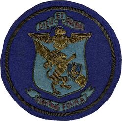 Fighter Squadron FOUR A (VF-4A)
Established as Fighting Bomber Squadron THREE (VBF-3) on 1 Feb 1945. Redesignated Fighter Squadron FOUR A (VF-4A) on 15 Nov 1946; Fighter Squadron THIRTY TWO (VF-32) on 7 Aug 1948; Strike Fighter Squadron THIRTY TWO (VFA-32) on 1 Nov 2005-.

Insignia approved by CNO in 1948. US made, Bullion embroidery on wool.

Deployments.
7 Jun 1947-11 Aug 1947, CV-33 USS Kearsage, CVAG-3, Grumman F8F-1 Bearcat
1 Jun 1948-2 Oct 1948, CV-33 USS Kearsage, CVAG-3, Grumman	F8F-1 Bearcat

