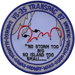 Sea Control Squadron 35 (VS-35) Trans Pacific Cruise 1987
Established as Air Anti Submarine Squadron THIRTY FIVE (VS-35) on 3 Jan 1961. Disestablished on 30 Jun 1973. Reestablished on 1 Oct 1976. Disestablished on 30 Mar 1977. Reestablished on 3 Mar 1987. Disestablished on 1 Jun 1988. Reestablished on 4 Apr 1991. Disestablished on 21 Mar 2005.

24 Jul 1987-5 Aug 1987, USS Enterprise (CVN-65), CVW-10, Lockheed S-3A Viking

