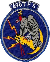 496th Tactical Fighter Squadron
Appears to have been factory modified from 496TH FIS or FS to 496 TFS. 1960s era patch, so probably during the FIS to TFS conversion. Could be a mistake in communicating the new designation. Patch was worn by a unit pilot. German made.

