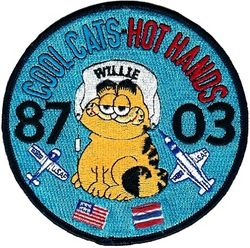 Class 1987-03 Undergraduate Pilot Training
Original patch had Thai flag colors reversed. This was corrected by hand sewing over the old colors.
Keywords: Garfield