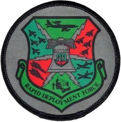 Tactical Air Command Rapid Deployment Force
 It was first envisioned as a three-division force in 1979 as the Rapid Deployment Force (RDF), a highly mobile rapid deployment force that could be rapidly moved to locations outside the normal overseas deployments in Europe and Korea. Its charter was expanded and greatly strengthened in 1980 as the RDJTF. It was inactivated in 1983, and re-organized as the United States Central Command (USCENTCOM). Silkscreened patch.
Keywords: subdued