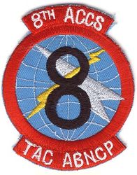 8th Airborne Command and Control Squadron
This patch was the first to be used by the unit, and dates from the period during which it was based at Langley AFB flying EC-121 aircraft. I could find no record of its official approval, or of its even being submitted for such, but it wouldn't have passed muster anyway because of the "8" (numbers or letters within the design area are specifically prohibited). Nevertheless, the emblem subsequently approved for this unit retained three of the elements used on this patch (globe, flash, and aircraft symbol), as well as the same basic colors and general layout and look. 
